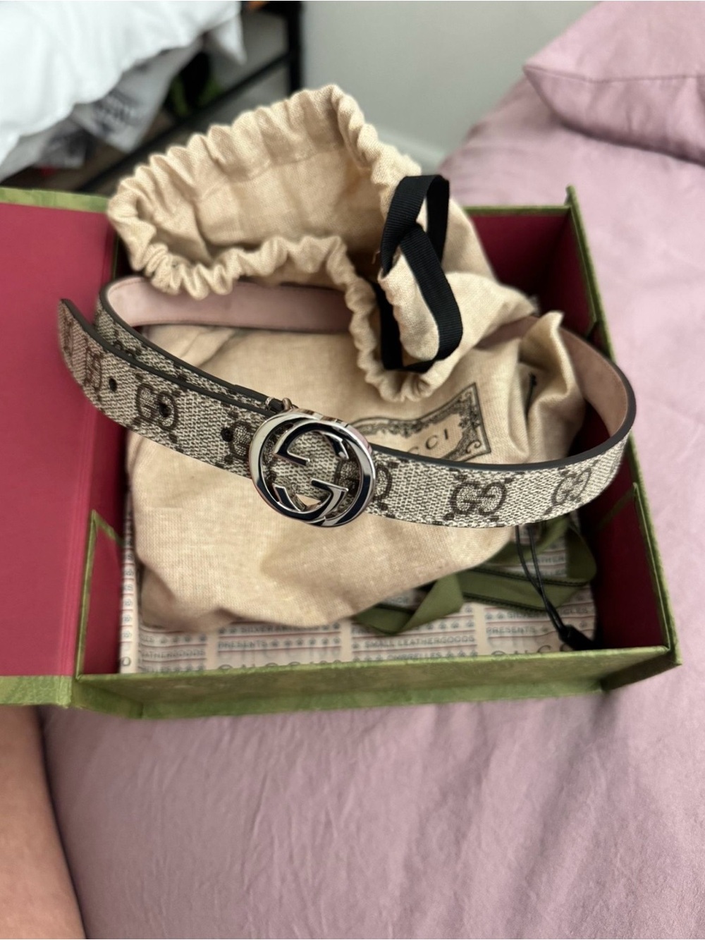 Gucci Beige Monogram Canvas Belt with Double G Silver Buckle
